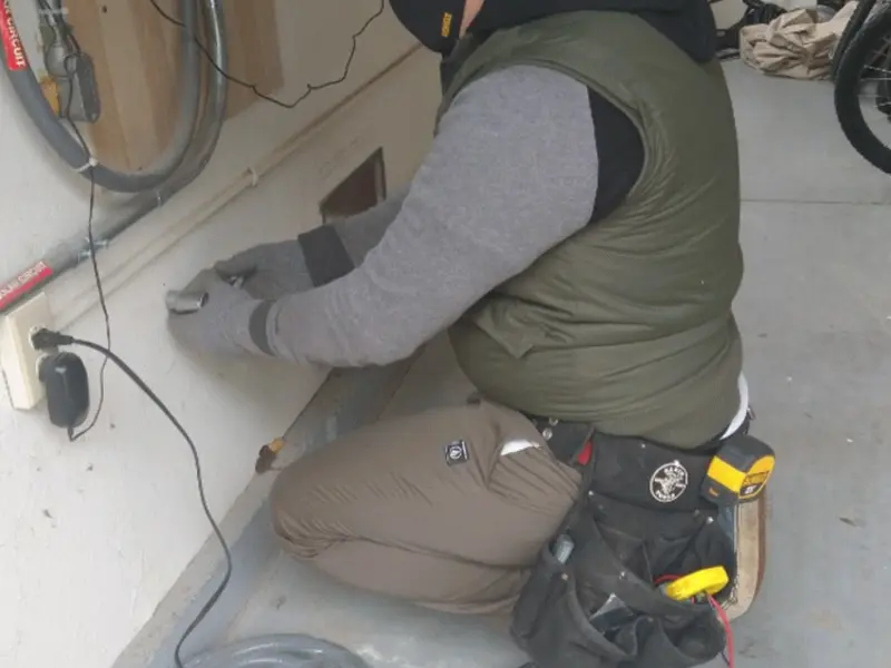 Electrician performing outlet wiring in a Martinsville garage